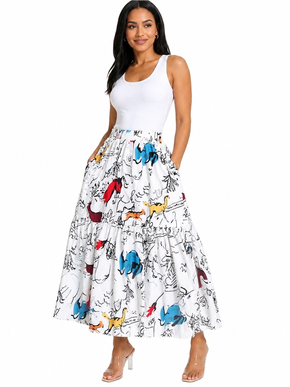 White Tiered Maxi Skirt with Colorful Print